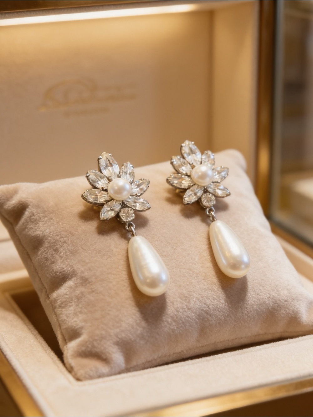 Floral Crystal Pearl Drop Earrings Bridal Teardrop Dangle Wedding Jewelry
